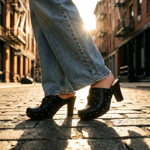 Bongo Womens Black Studded Clogs Wood Heel Mule Shoes Harness Detail Size 9 Y2K - Picture 1 of 8